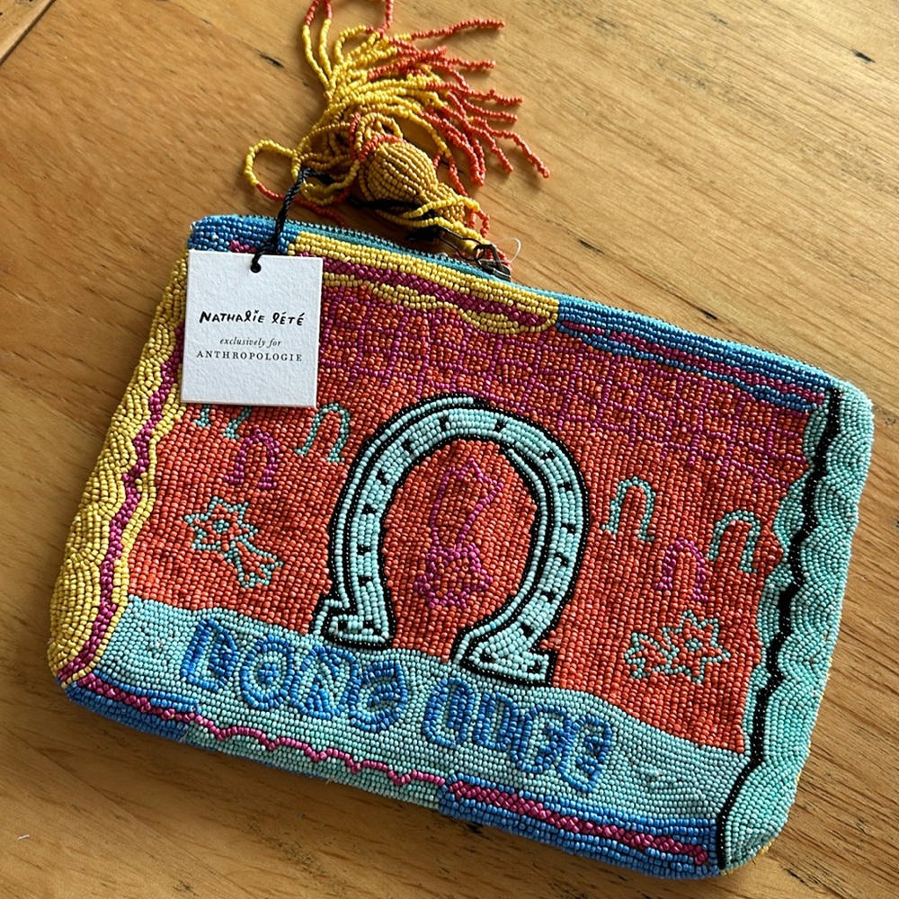 nathalie lété for anthropologie. beautiful beaded clutch/bag. teal lining 10x7.
